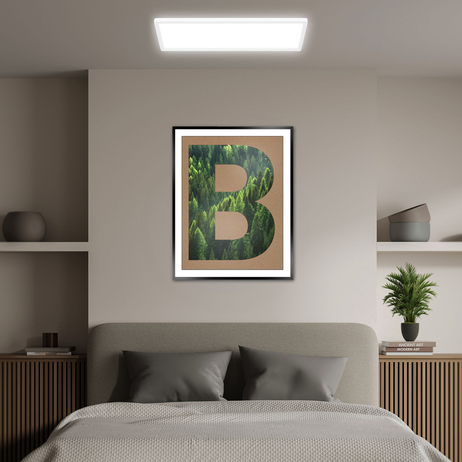 Briloner LED-Paneel TAVA A LED-Paneel TAVA A von Briloner an der Decke eines modern eingerichteten Schlafzimmers, frontal betrachtet.