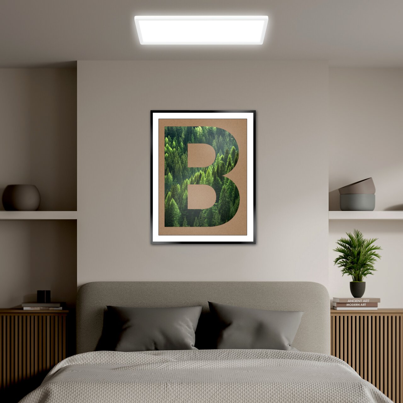 Briloner LED-Paneel TAVA A LED-Paneel TAVA A von Briloner an der Decke eines modern eingerichteten Schlafzimmers, frontal betrachtet.