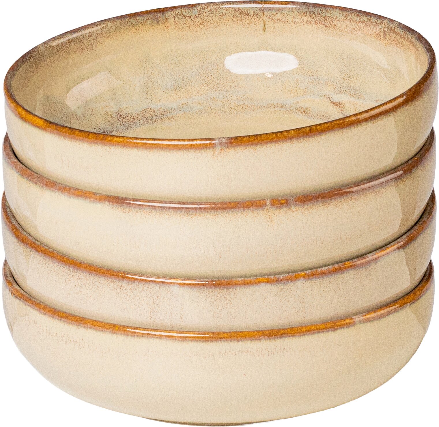 Gipfelstück Schüssel 4er-Set NEBELWALD Stapel aus vier glasierten Keramikschalen in Creme mit braunem Rand, schräg von oben in leichter Seitenansicht fotografiert