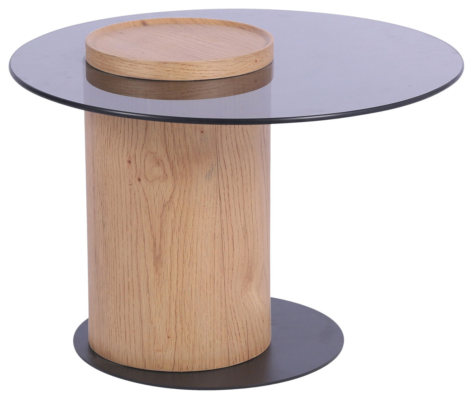 Moderner Beistelltisch mit runder Glasplatte und zylindrischem Holzfuß, seitliche Perspektive