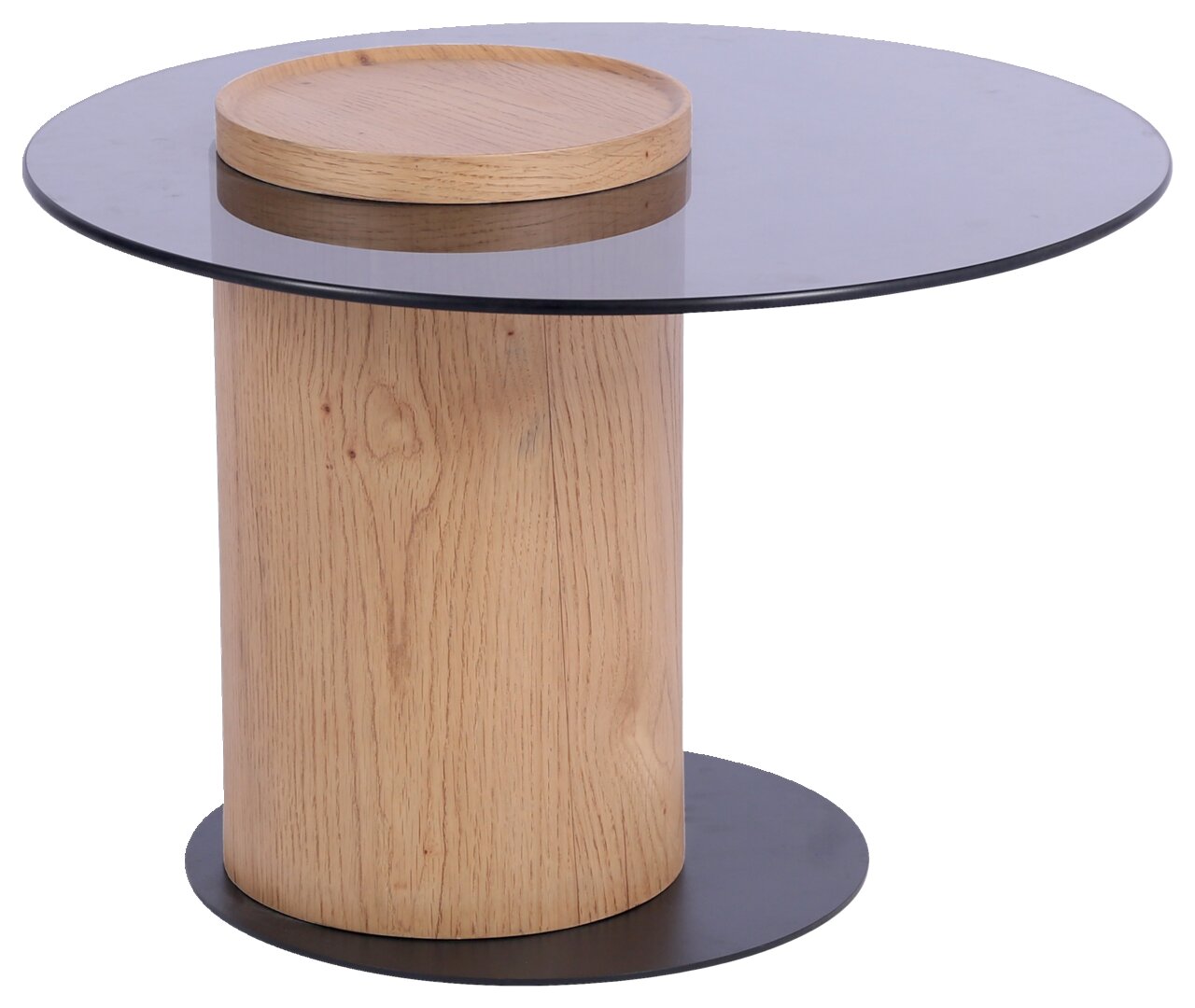 Stylife Beistelltisch OLIVIA Moderner Beistelltisch mit runder Glasplatte und zylindrischem Holzfuß, seitliche Perspektive