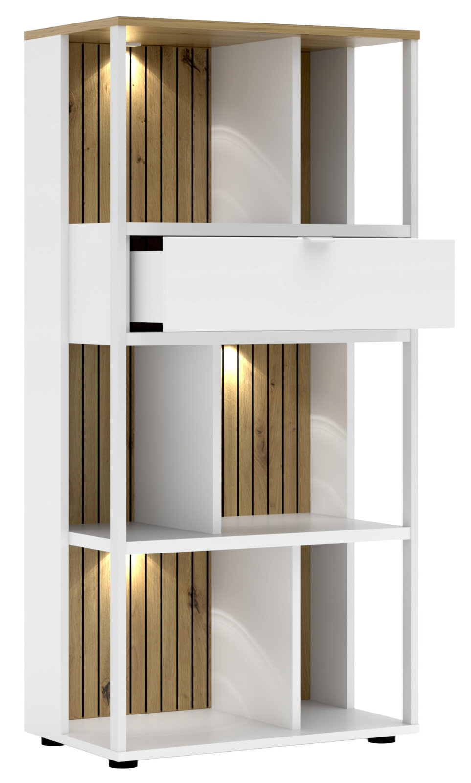 Modernes Büroregal mit weißem Rahmen und Holzelementen, beleuchtet, seitliche Perspektive