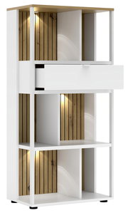 Modernes Büroregal mit weißem Rahmen und Holzelementen, beleuchtet, seitliche Perspektive