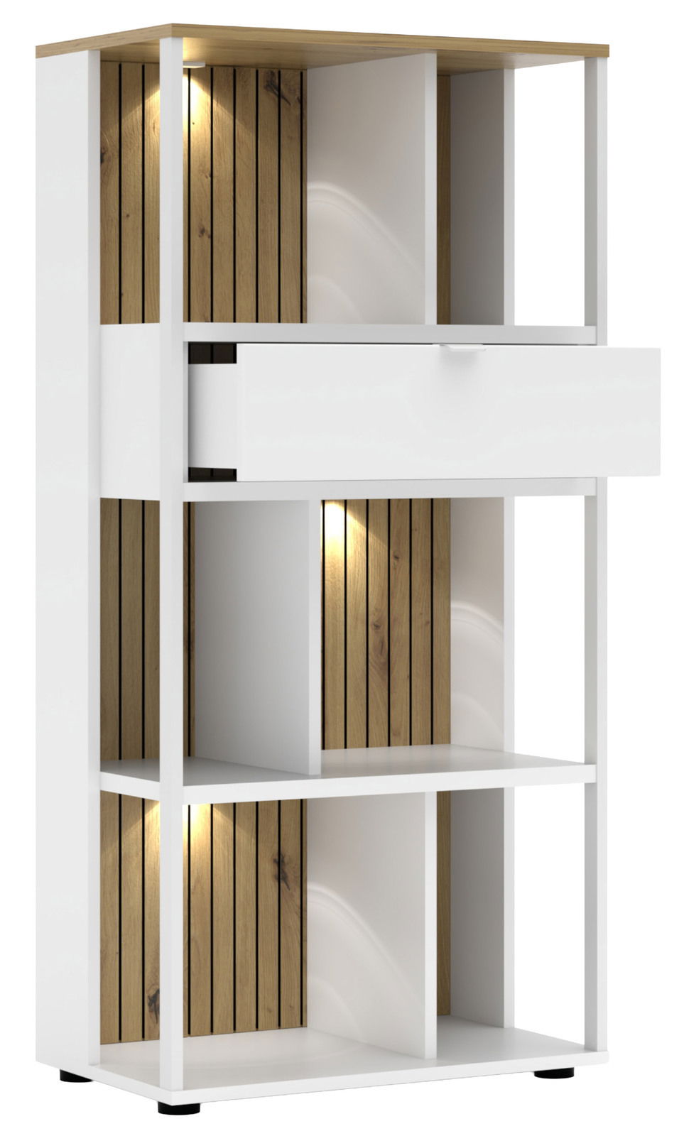 Modernes Büroregal mit weißem Rahmen und Holzelementen, beleuchtet, seitliche Perspektive