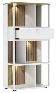 Modernes Büroregal mit weißem Rahmen und Holzelementen, beleuchtet, seitliche Perspektive