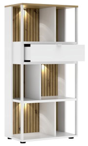 Modernes Büroregal mit weißem Rahmen und Holzelementen, beleuchtet, seitliche Perspektive