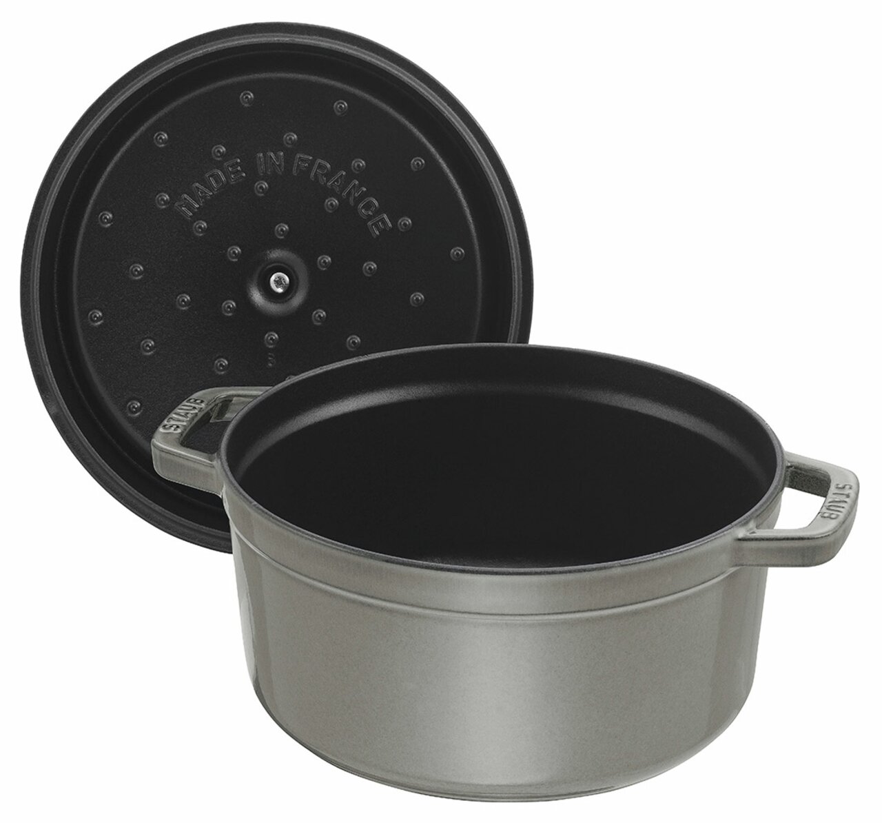 Runde Cocotte 28cm mit abgenommenem Deckel, seitliche Perspektive