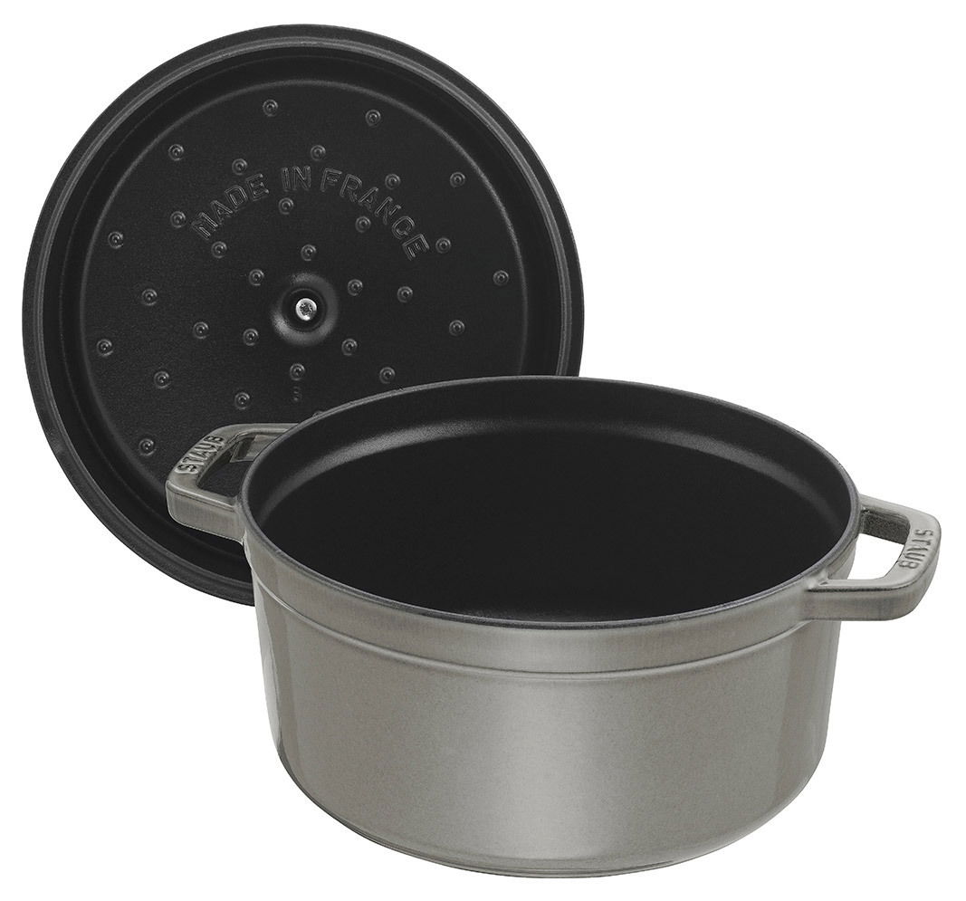 Runde Cocotte 28cm mit abgenommenem Deckel, seitliche Perspektive