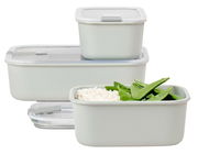 Drei Frischhaltedosen in verschiedenen Größen, gefüllt mit Reis und grünen Bohnen, aus seitlicher Perspektive.