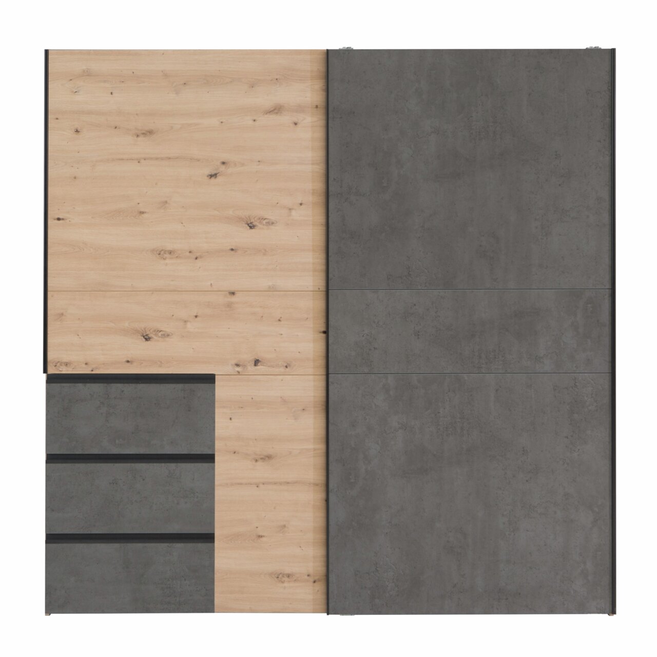Z2 Kast met zweefdeuren WINN2 Vooraanzicht van een kast met zweefdeuren in hout- en betonlook.