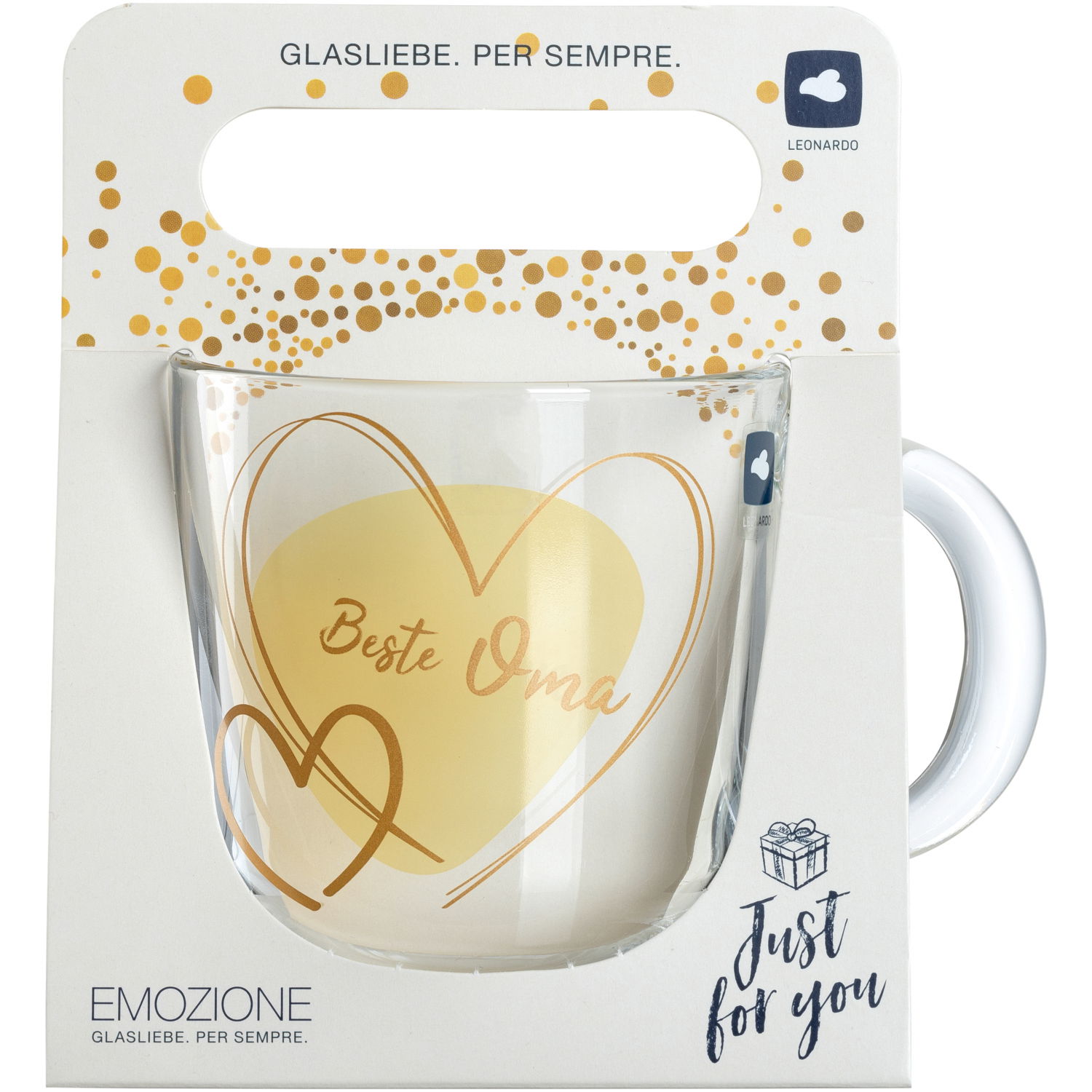 Glas-Tasse mit der Aufschrift 'Beste Oma' in einem goldenen Herz, frontal fotografiert.