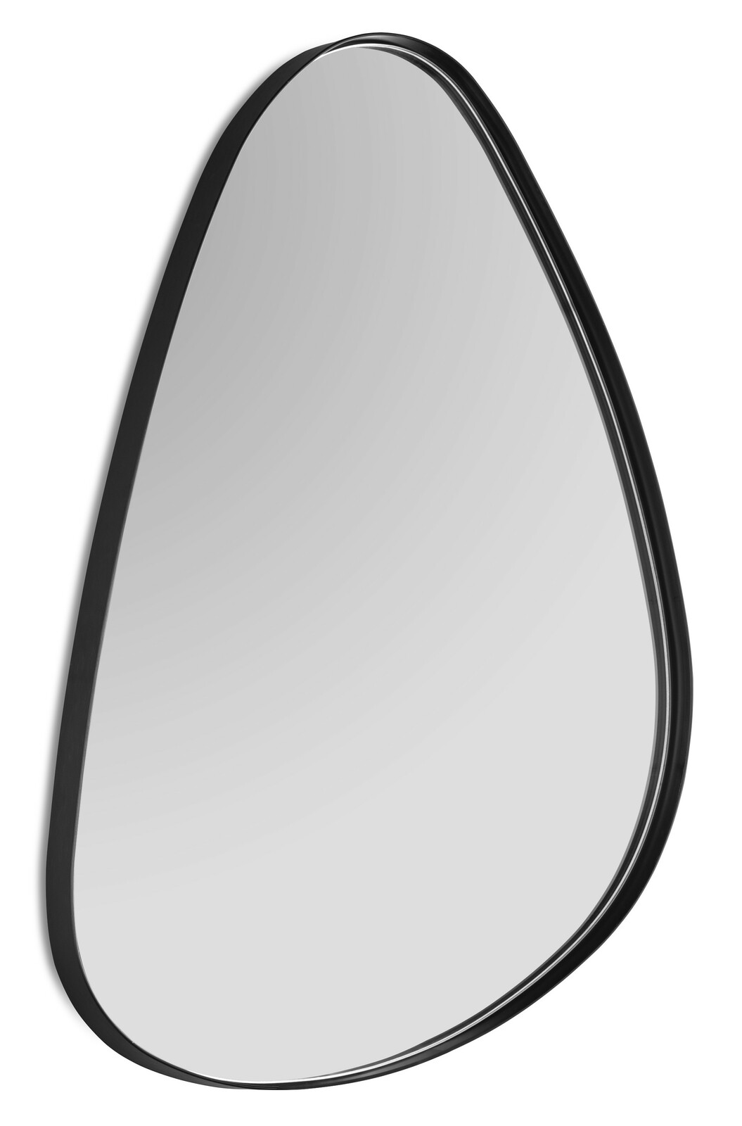Asymmetrischer Spiegel mit schwarzem Rahmen, perspektivisch von vorne fotografiert.