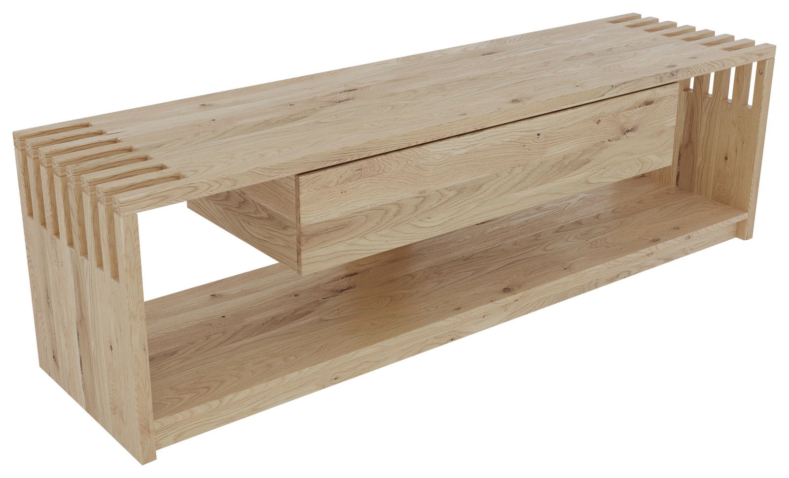 TV-Lowboard aus hellem Holz mit modernem Design, seitliche Perspektive