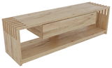 TV-Lowboard aus hellem Holz mit modernem Design, seitliche Perspektive