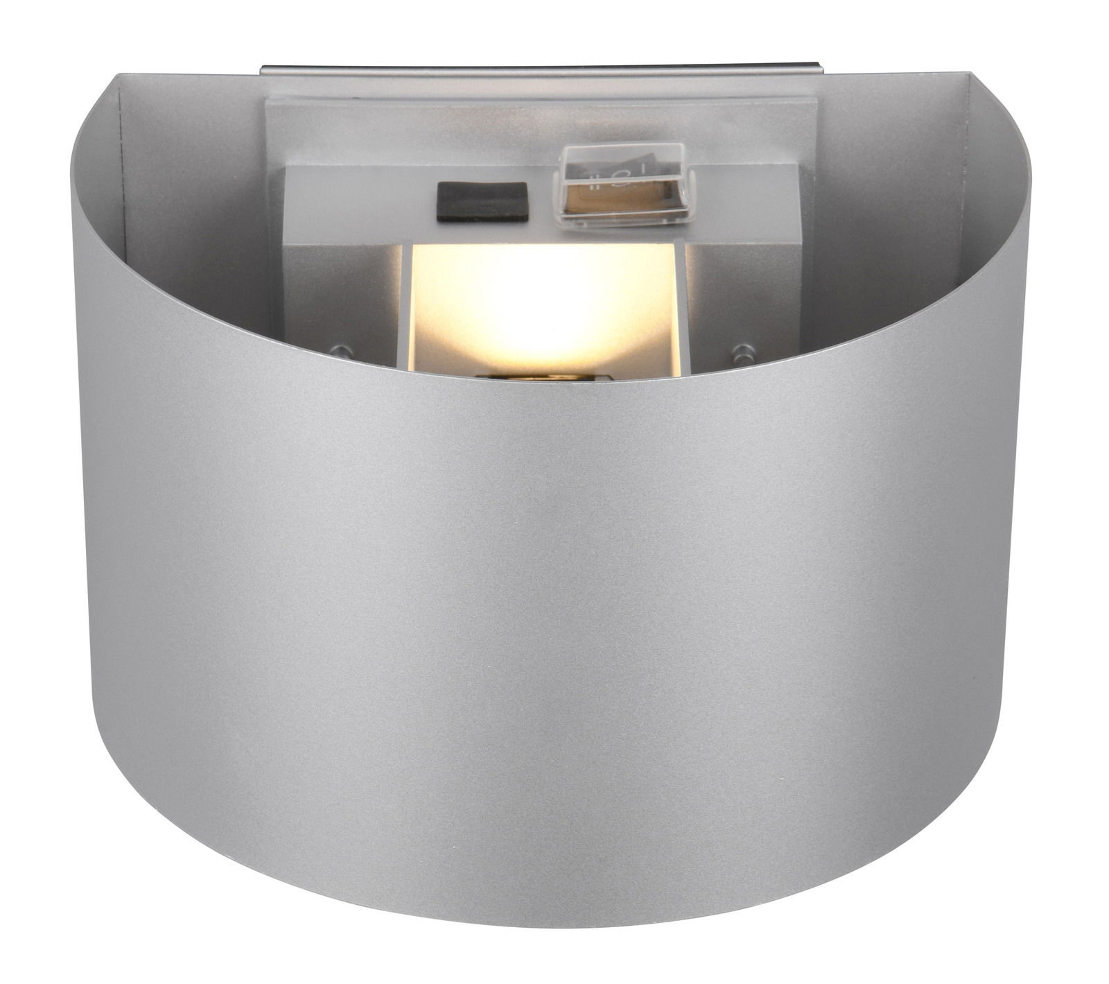 Silberne Akku Wandleuchte TALENT, frontal betrachtet, mit leuchtendem Licht.