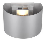 Silberne Akku Wandleuchte TALENT, frontal betrachtet, mit leuchtendem Licht.