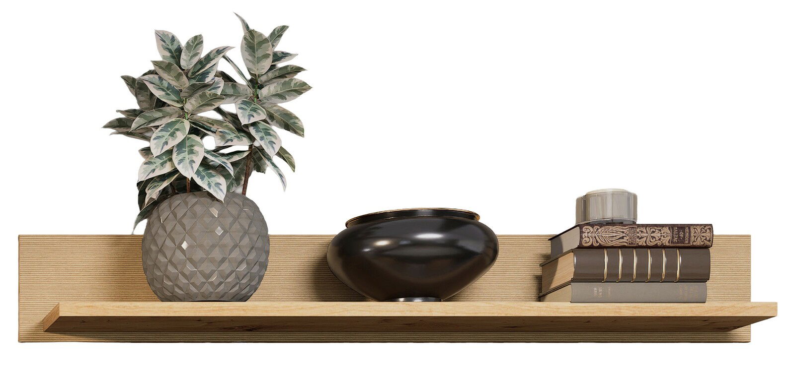 Wandboard aus Holz mit dekorativer Vase, schwarzer Schale und gestapelten Büchern, seitliche Perspektive