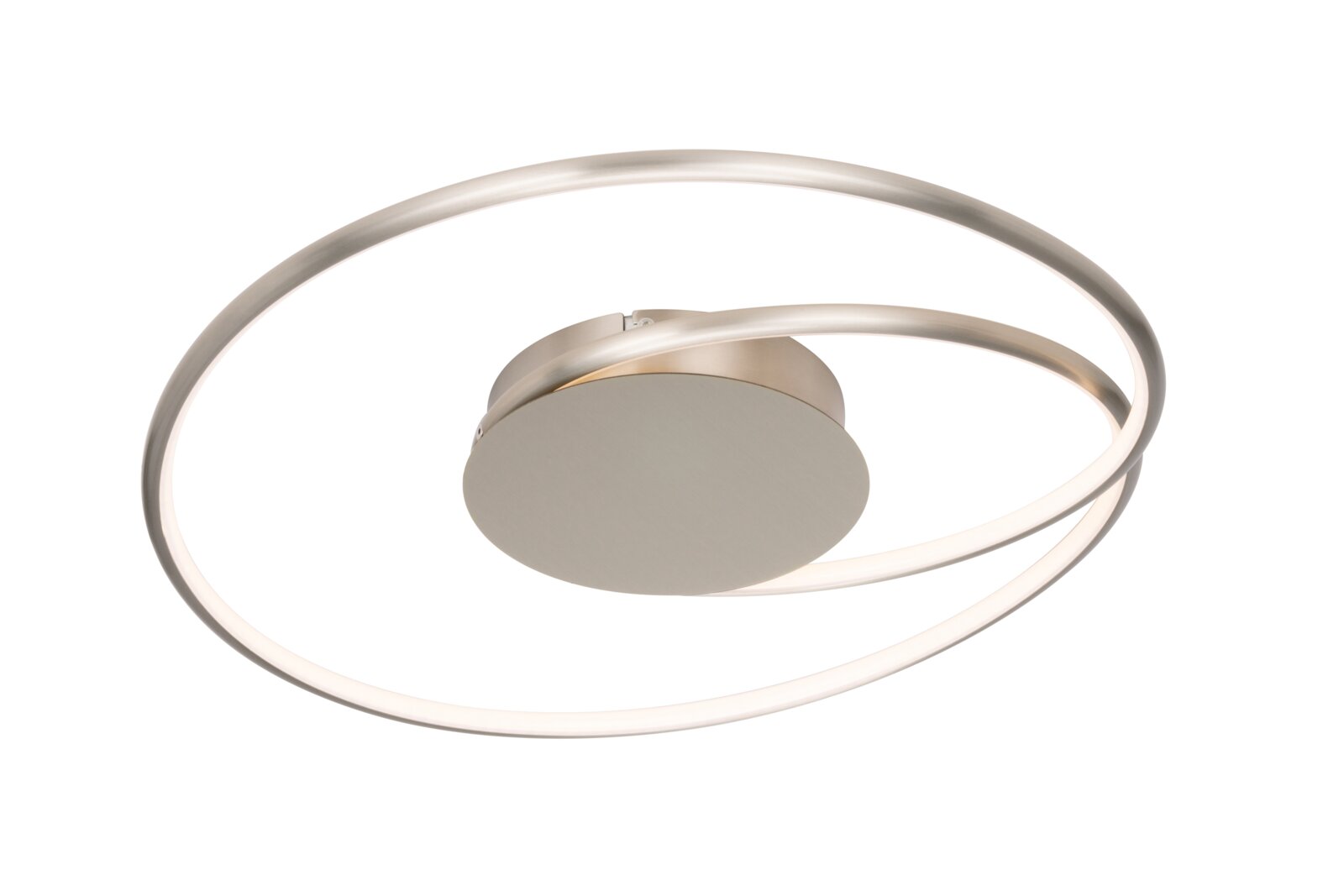 Moderne LED-Deckenleuchte mit zwei ineinander verschlungenen Ringen, seitliche Perspektive