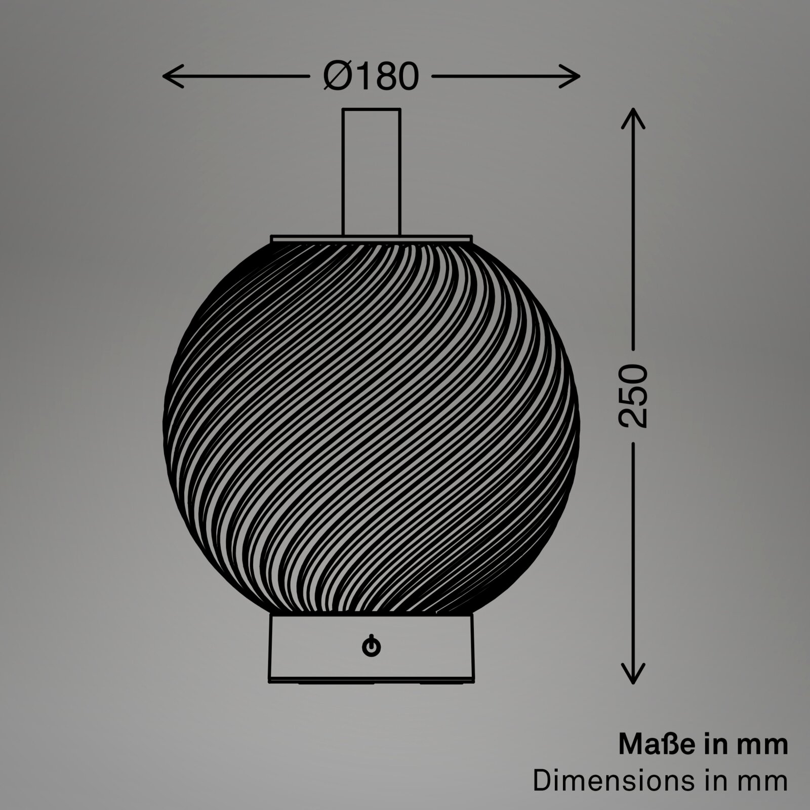 Technische Frontansicht einer kugelförmigen Tischleuchte mit Linienmuster, Ø 180 mm und Höhe 250 mm, Maße in mm dargestellt