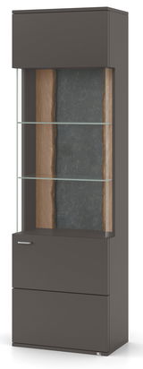 Moderne Vitrine in dunklem Holz mit Glasregalen, frontal betrachtet.