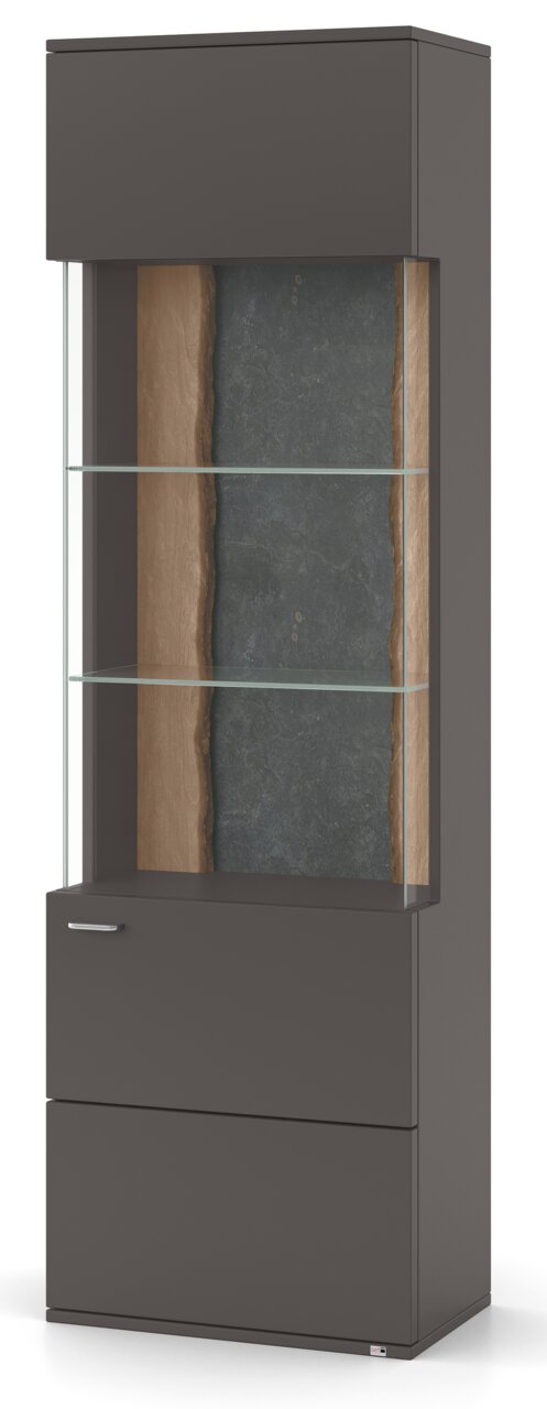 Moderne Vitrine in dunklem Holz mit Glasregalen, frontal betrachtet.