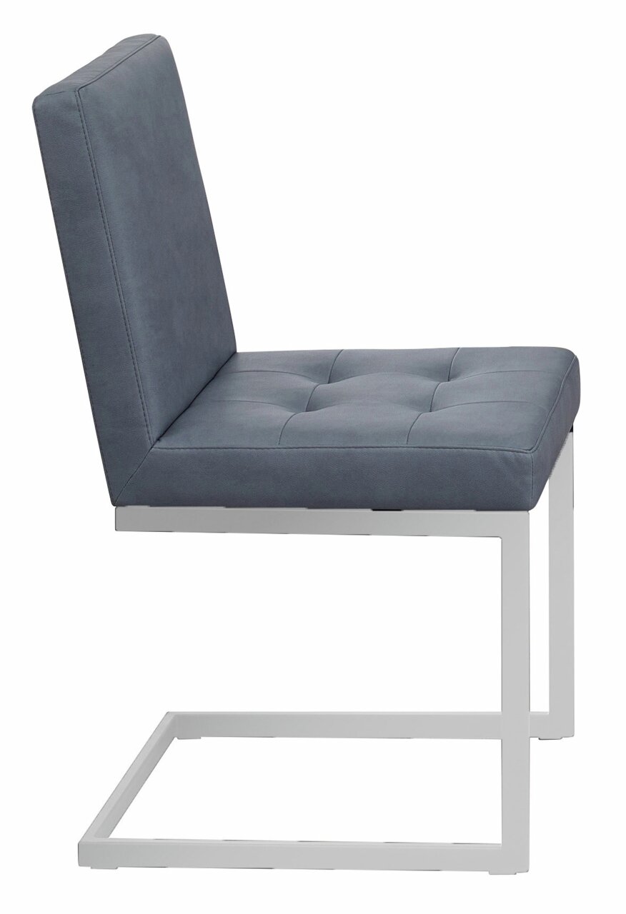 Moderano Freischwinger-Stuhl LUPO II Seitenansicht eines modernen Freischwinger-Stuhls mit grauem Polster und weißem Metallgestell.