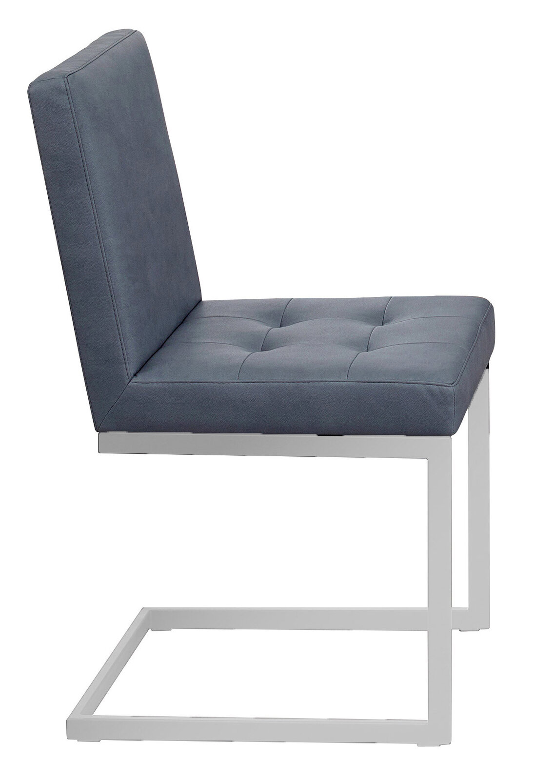 Moderano Freischwinger-Stuhl LUPO II Seitenansicht eines modernen Freischwinger-Stuhls mit grauem Polster und weißem Metallgestell.