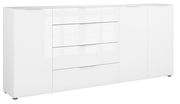 Weißes XXL-Sideboard mit mehreren Schubladen und Türen, seitliche Perspektive