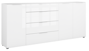 Weißes XXL-Sideboard mit mehreren Schubladen und Türen, seitliche Perspektive