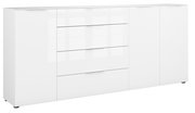 Weißes XXL-Sideboard mit mehreren Schubladen und Türen, seitliche Perspektive