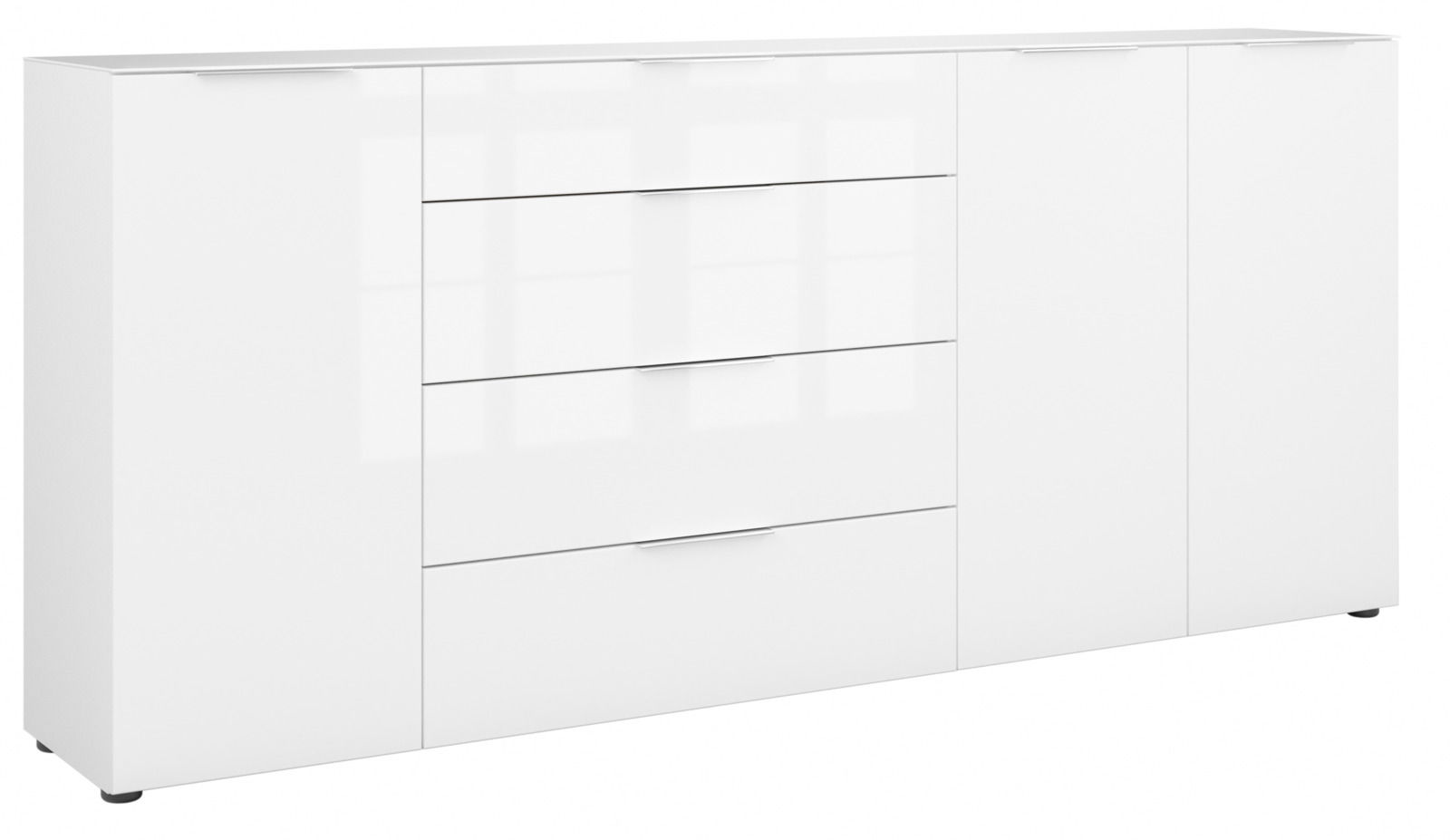 Weißes XXL-Sideboard mit mehreren Schubladen und Türen, seitliche Perspektive