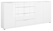 Weißes XXL-Sideboard mit mehreren Schubladen und Türen, seitliche Perspektive