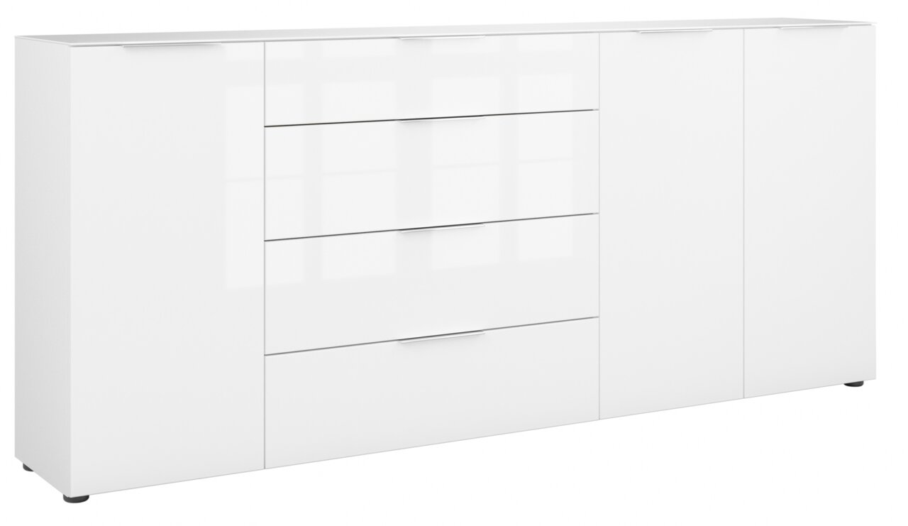Weißes XXL-Sideboard mit mehreren Schubladen und Türen, seitliche Perspektive