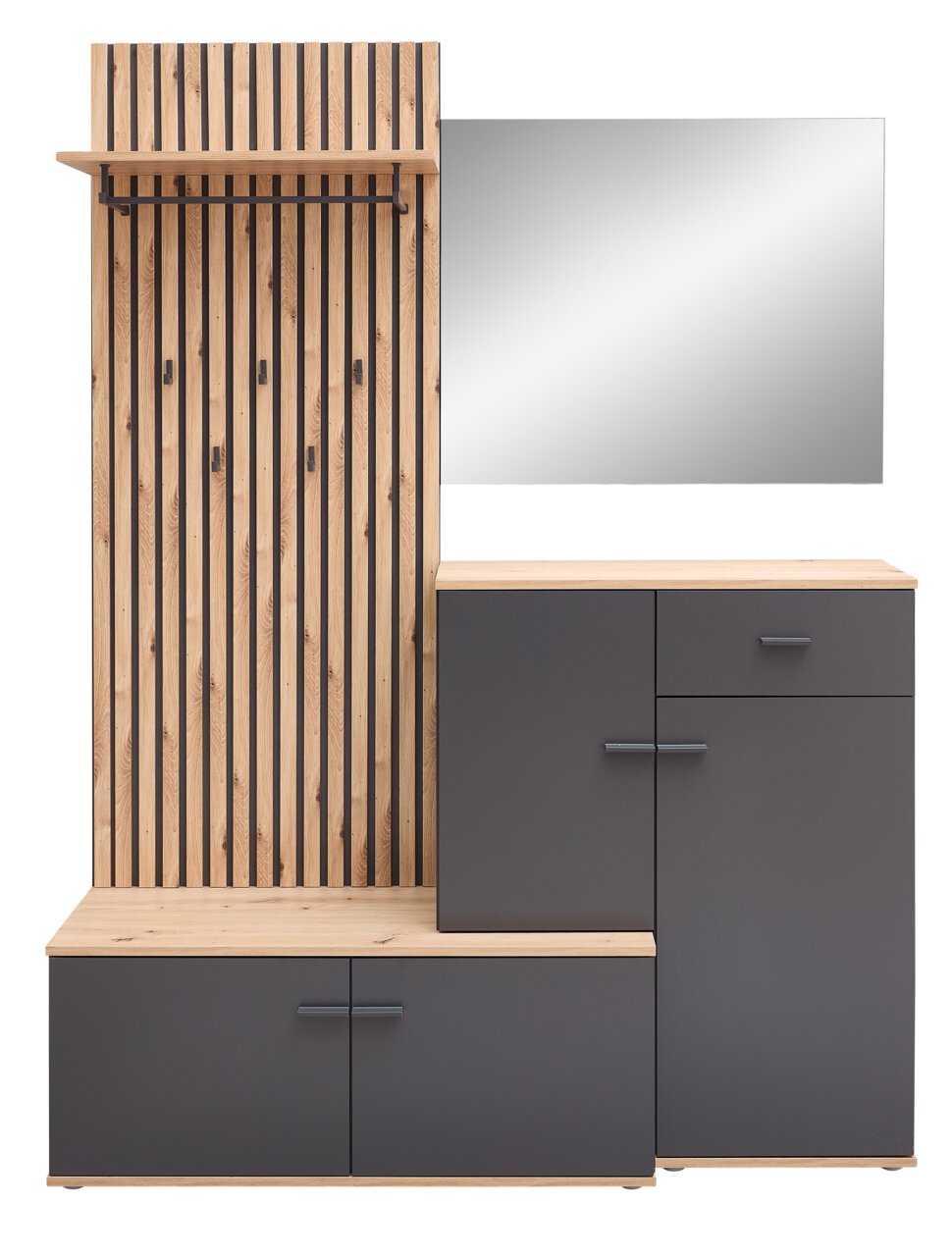 Kompaktgarderobe mit Holz- und Metallelementen, bestehend aus einem hohen Paneel mit Haken und Ablage, einem Spiegel und einem Schrank mit Türen und Schubladen, frontal betrachtet.