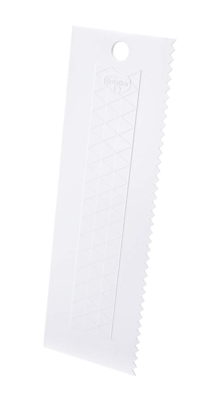 Tortenglätter, extra hoch 23cm, aus Kunststoff, mit gezackter Kante, seitliche Perspektive