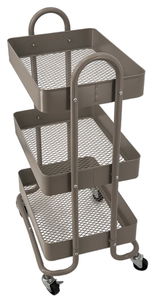 Dreistöckiger Servierwagen aus Metall mit Gitterböden, seitlicher Perspektive