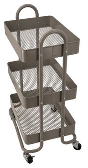 Dreistöckiger Servierwagen aus Metall mit Gitterböden, seitlicher Perspektive