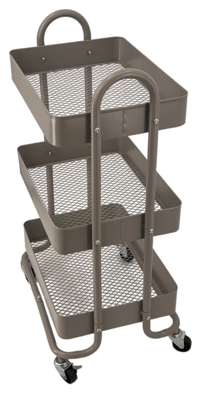 Dreistöckiger Servierwagen aus Metall mit Gitterböden, seitlicher Perspektive