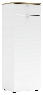 Weißer Büroschrank mit Holzoberfläche, frontal und leicht seitlich betrachtet.