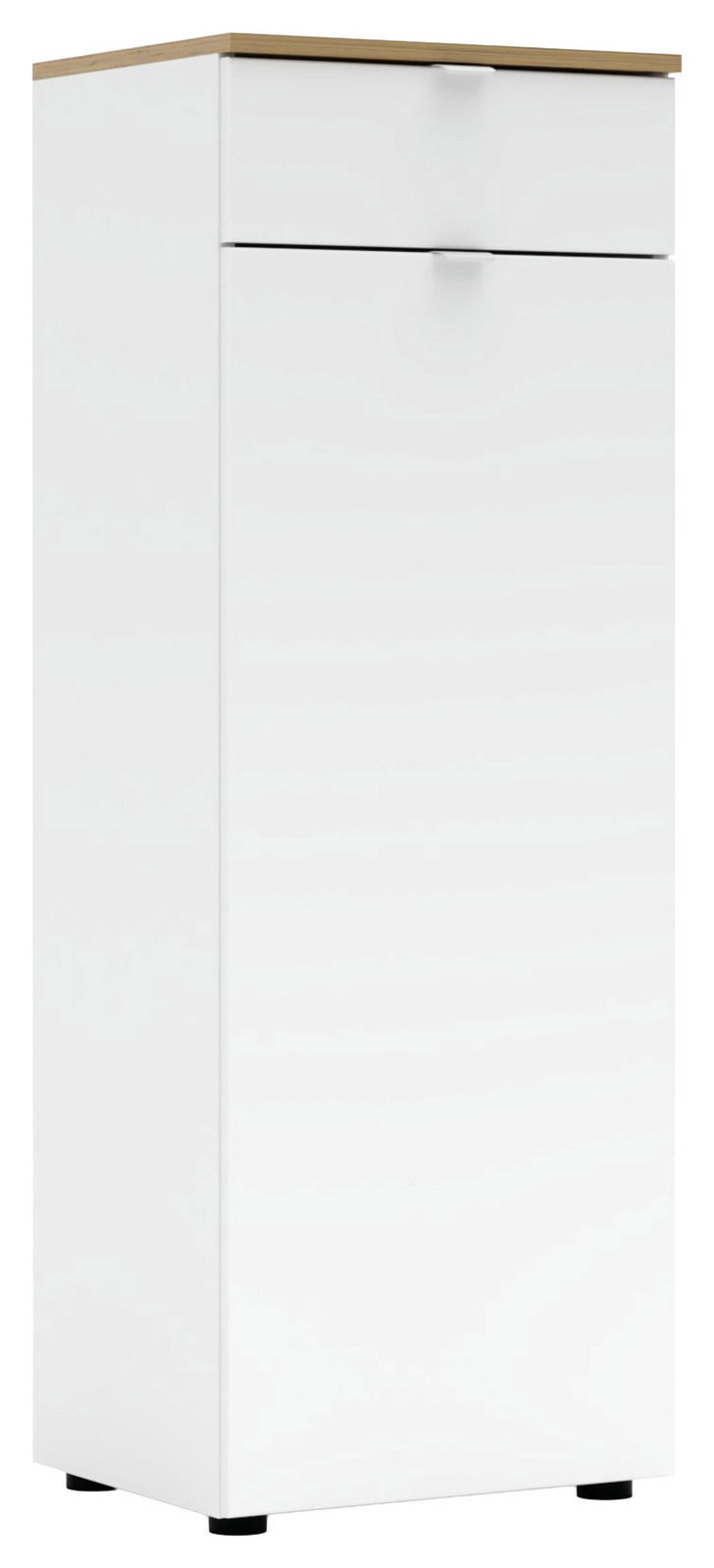 Voleo Highboard DIANA Weißer Büroschrank mit Holzoberfläche, frontal und leicht seitlich betrachtet.