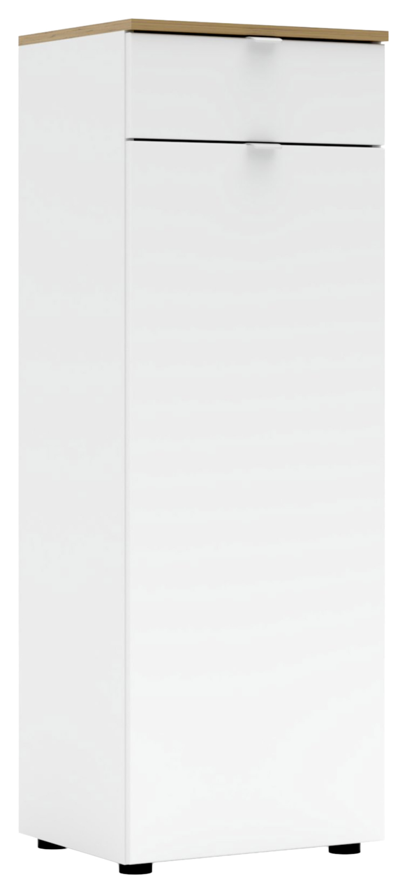 Weißer Büroschrank mit Holzoberfläche, frontal und leicht seitlich betrachtet.