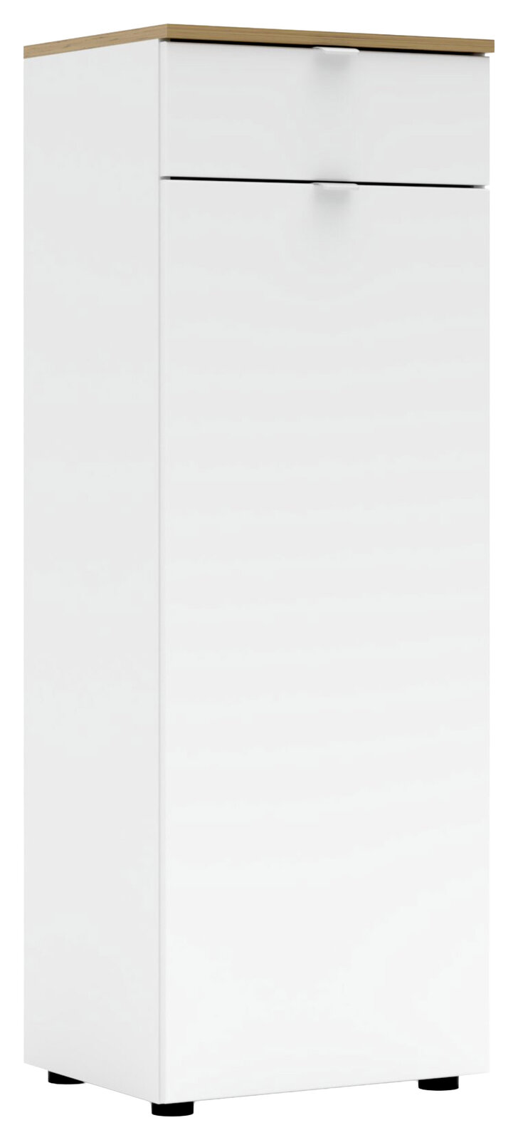 Voleo Highboard DIANA Weißer Büroschrank mit Holzoberfläche, frontal und leicht seitlich betrachtet.