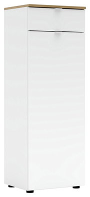 Weißer Büroschrank mit Holzoberfläche, frontal und leicht seitlich betrachtet.