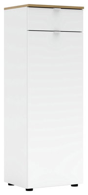 Weißer Büroschrank mit Holzoberfläche, frontal und leicht seitlich betrachtet.