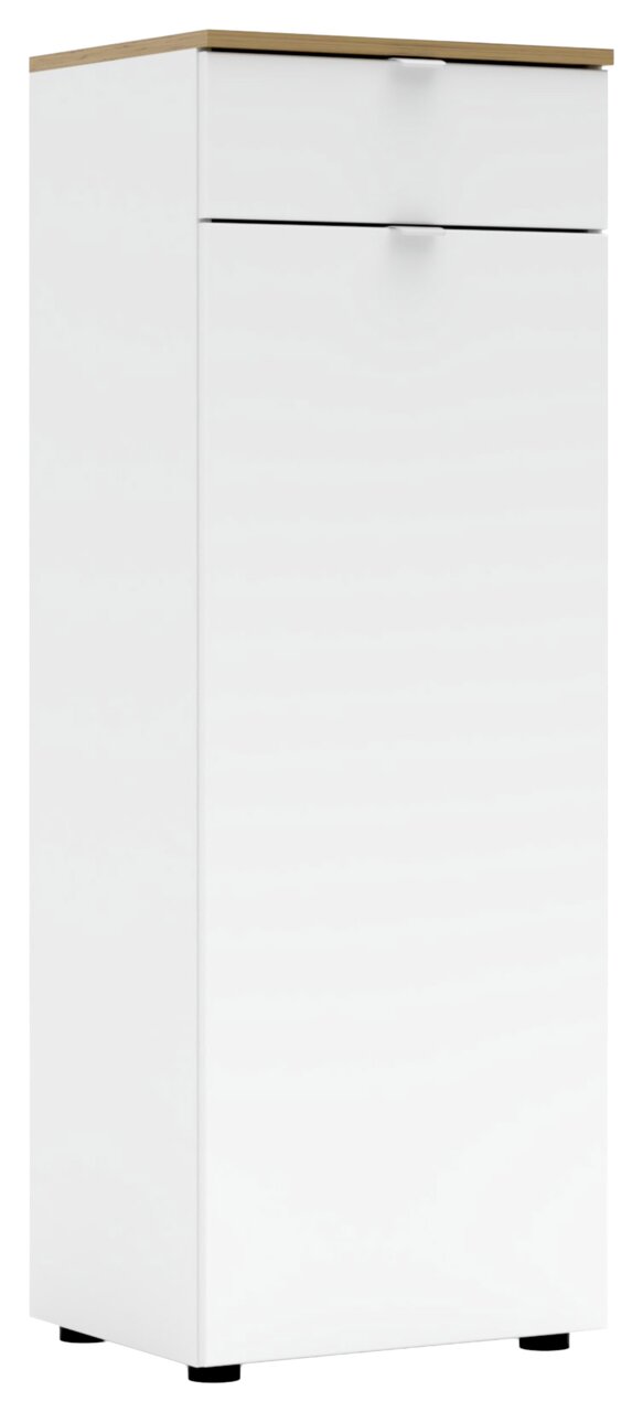 Voleo Highboard DIANA Weißer Büroschrank mit Holzoberfläche, frontal und leicht seitlich betrachtet.