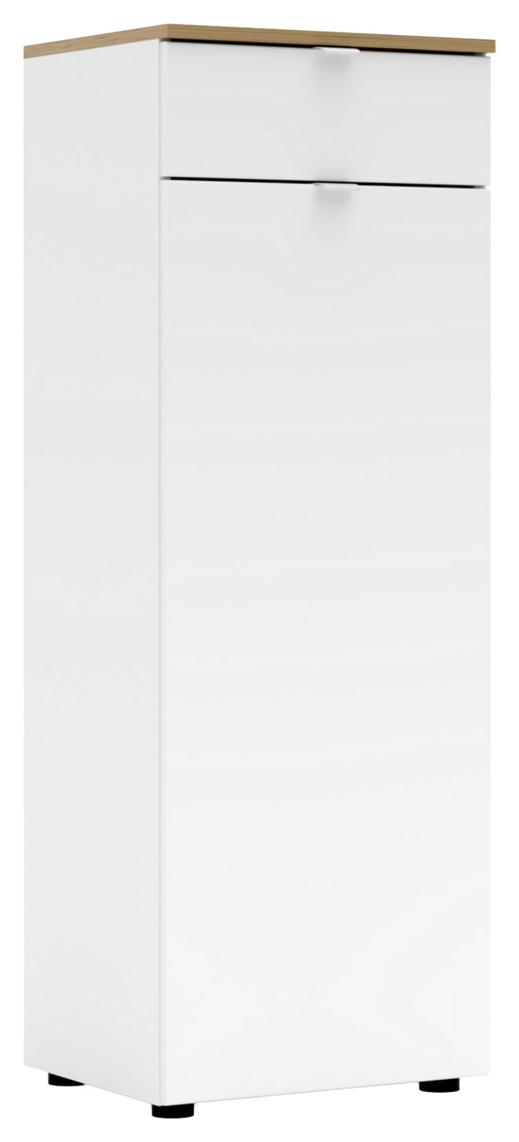 Voleo Highboard DIANA Weißer Büroschrank mit Holzoberfläche, frontal und leicht seitlich betrachtet.