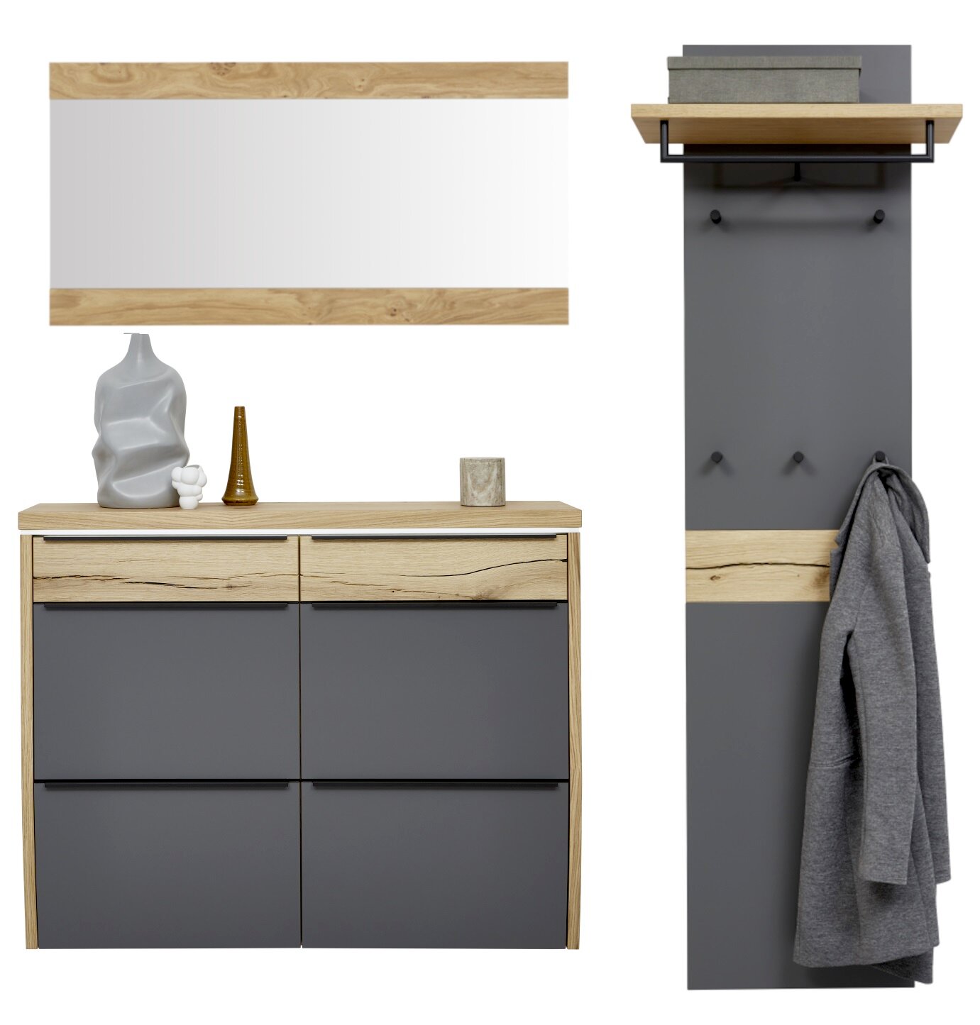 Dieter Knoll Garderoben-Set 3-tlg. ARCO TREND Frontansicht einer modernen Garderoben-Kombination in Anthrazit und Eiche mit Schuhschrank, Wandpaneel mit Haken und Ablage, darüber Spiegel