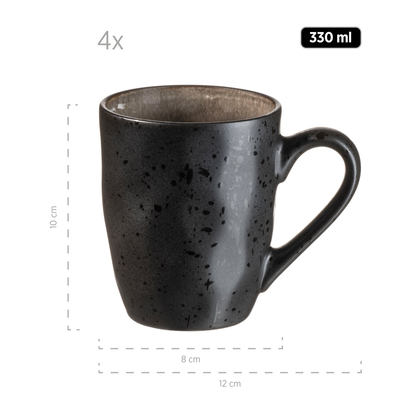 Dunkelgraue, gesprenkelte Keramik-Kaffeetasse mit Henkel, 330 ml, ca. 10 cm hoch und 12 cm breit, freigestellt auf weißem Hintergrund, Seitenansicht leicht von oben.