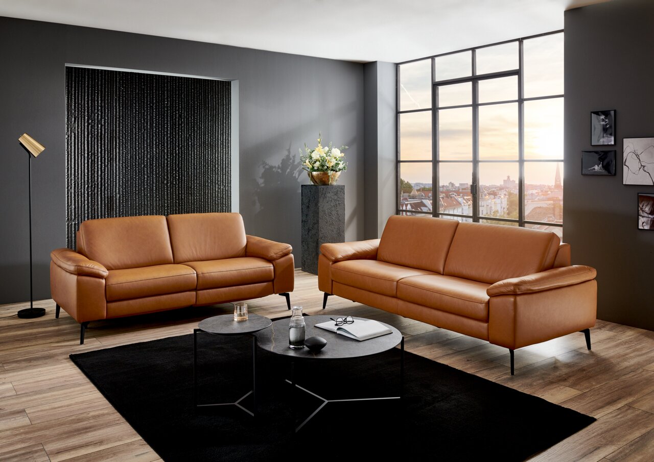 Zwei braune Ledersofas in einem modernen Wohnzimmer mit großen Fenstern und Stadtblick, seitliche Perspektive.