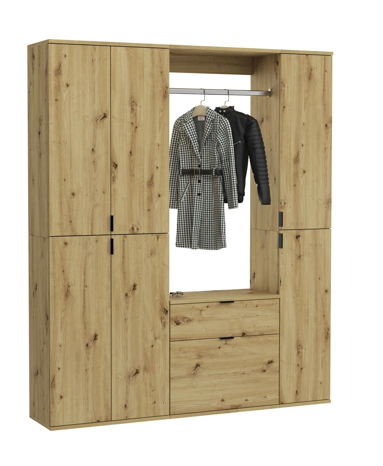 MID.YOU Garderobenkombination PROJEKT X Garderobenkombination aus Holz in Frontansicht mit mehreren Schränken und einer Kleiderstange, auf der Mäntel hängen.